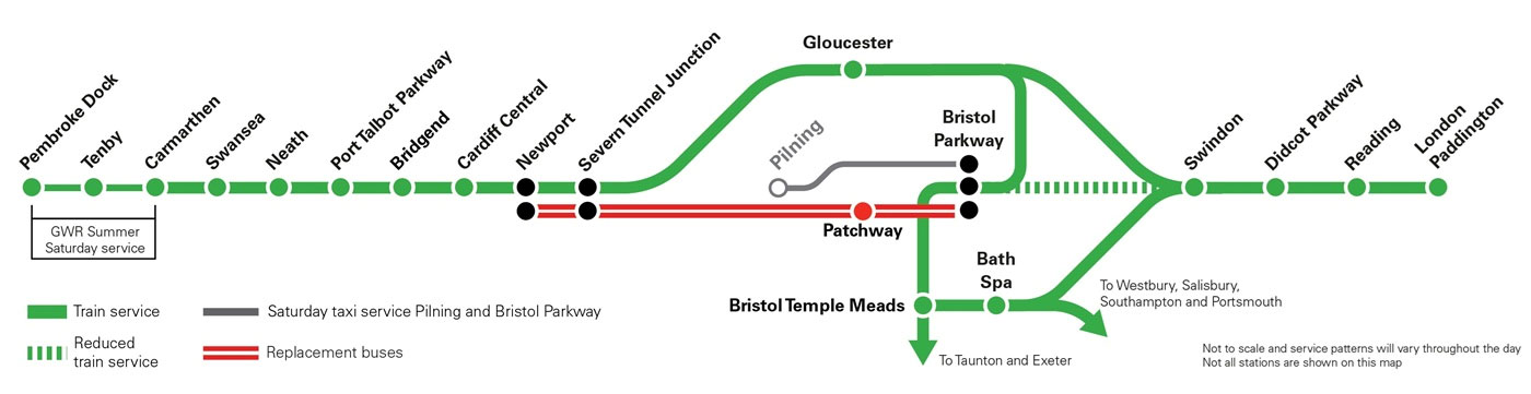 Map of GWR line showing travel arrangements for Saturday 23 May - Monday 8 June
