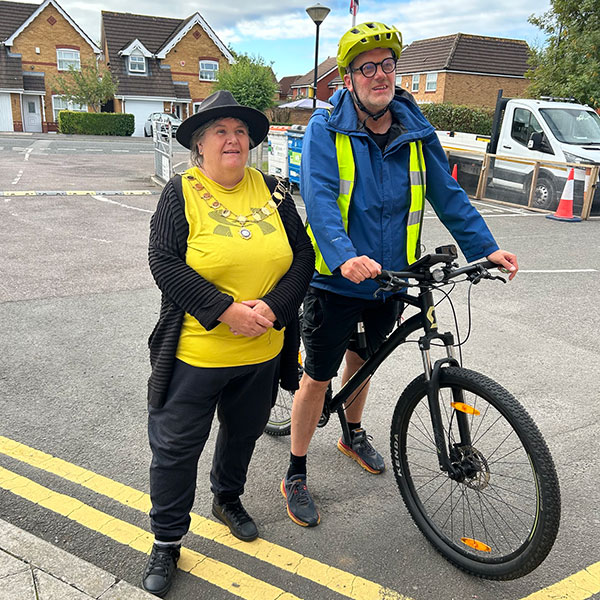 Photo of Mayor with Ed from South Glos Citizens Advice Bureau on his sponsored bike ride visit on Saturday 10th September 2026