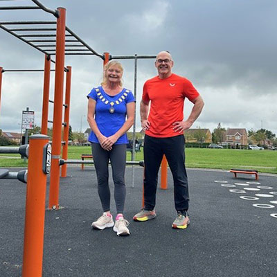 Photo of Mayor, councillors, local resident and PT instructor attending the Jubilee Green leisure equipment taster session on Wednesday 8th October 2025