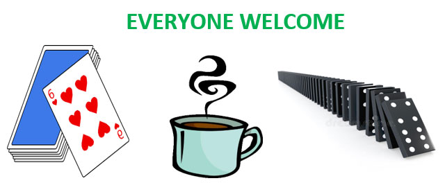 Clipart showing pack of cards, cup of tea, dominoes and wording 'Everyone Welcome'
