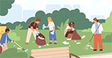Illustration of five people picking litter in a park