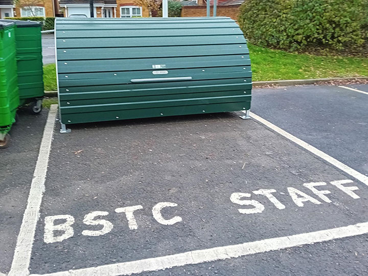 Photo of a secure cycle parking unit in closed position