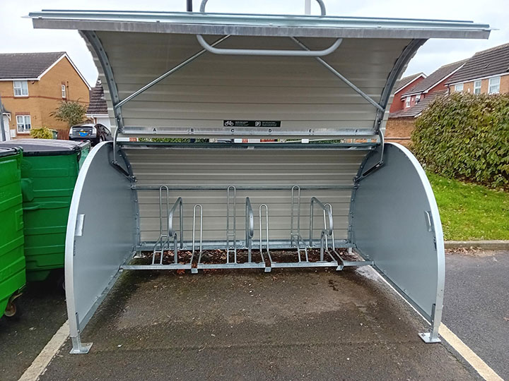 Photo of a secure cycle parking unit in open position