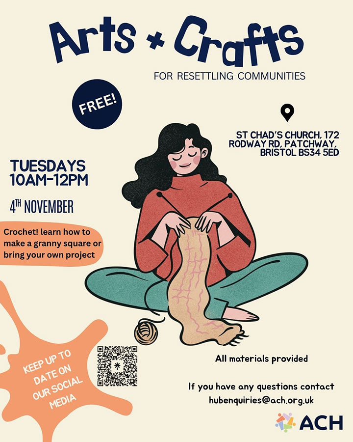 Poster advertising a free Arts & Crafts session for resettling communities