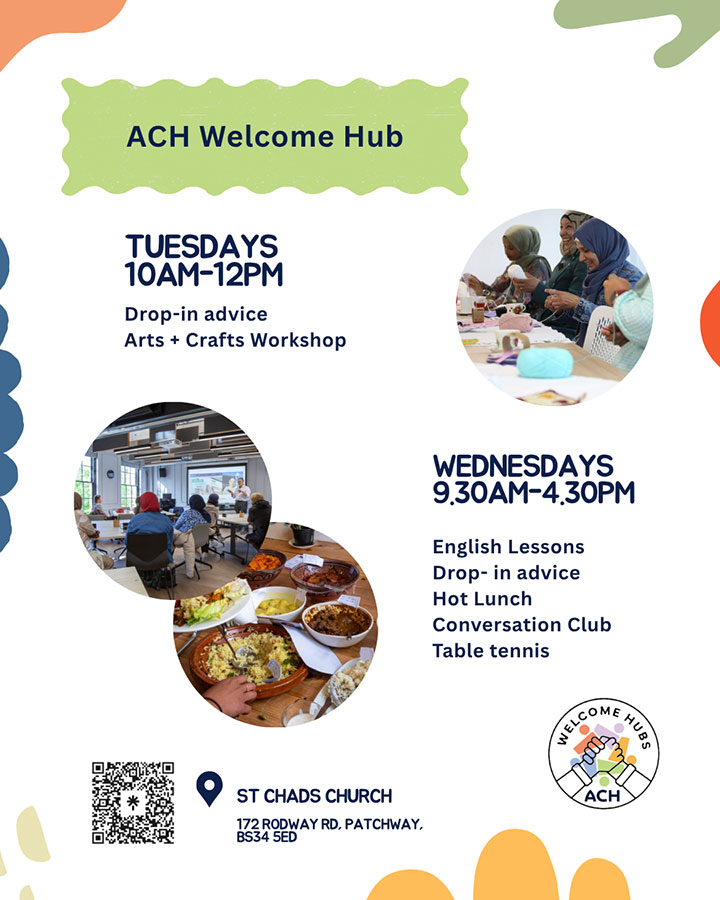 Poster showing times for the ACH Welcome Hub on Tuesdays and Wednesdays