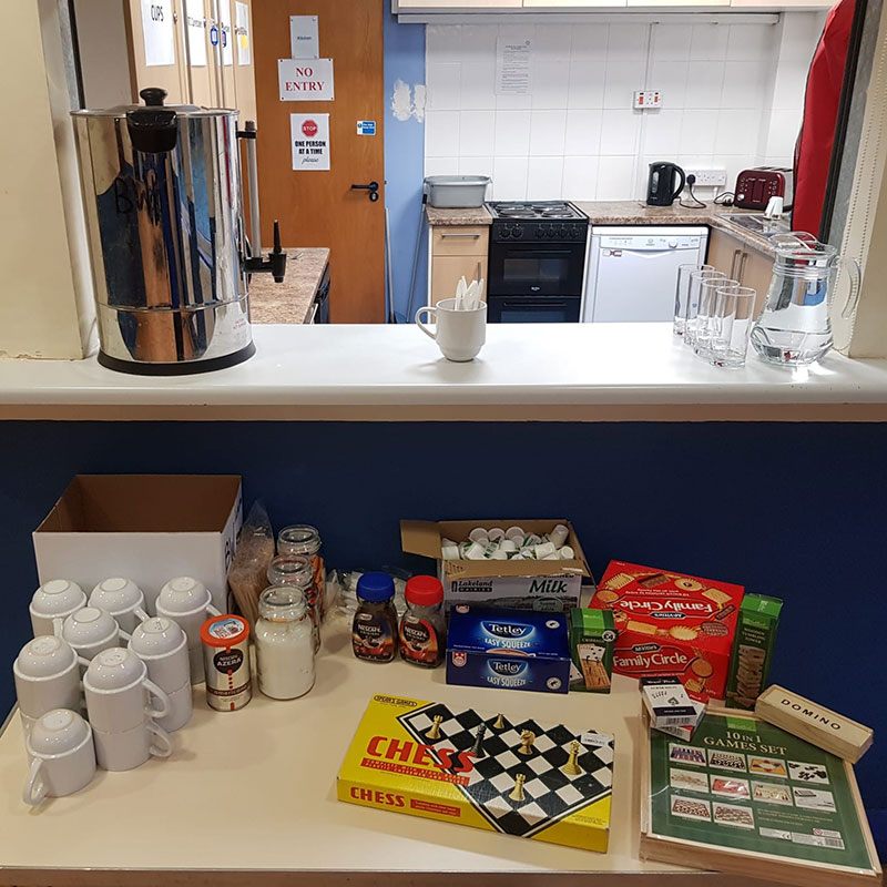 Photo of canteen stocked with tea, coffee and biscuits